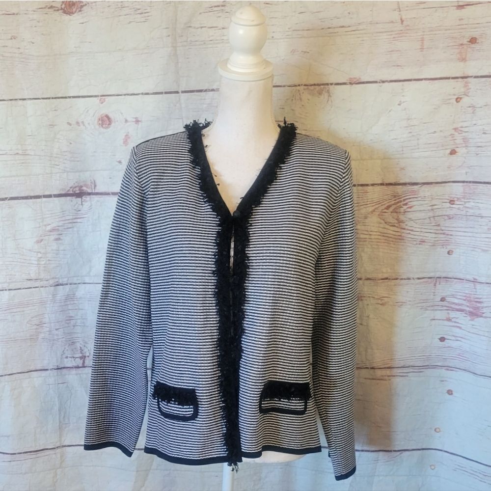 Misook Knit Button‎ Front Fringe Trim Blazer Size Large
